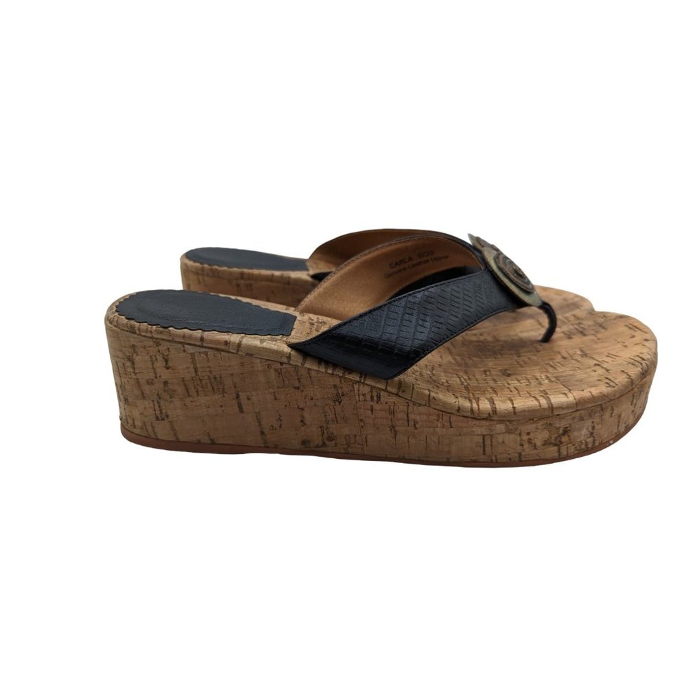 Carla Women's Wedge Sandal Shoes Embossed Lizard Leather Black Thong Size 9 US - Picture 4 of 8
